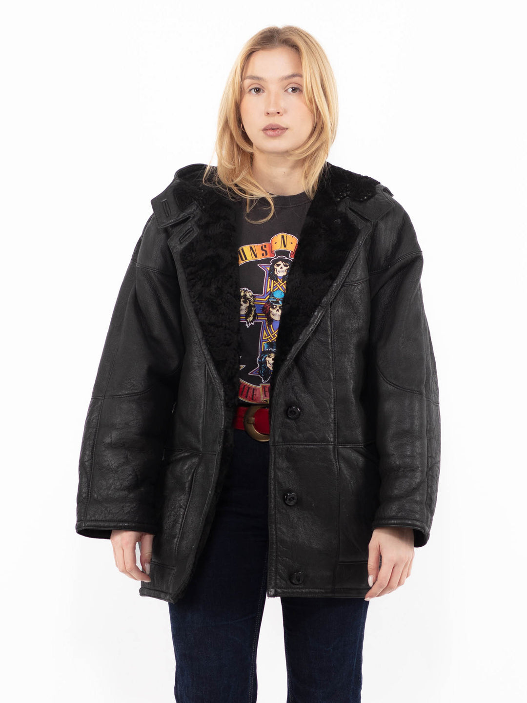 Vintage 90's Women Sheepskin Coat in BlackA1156