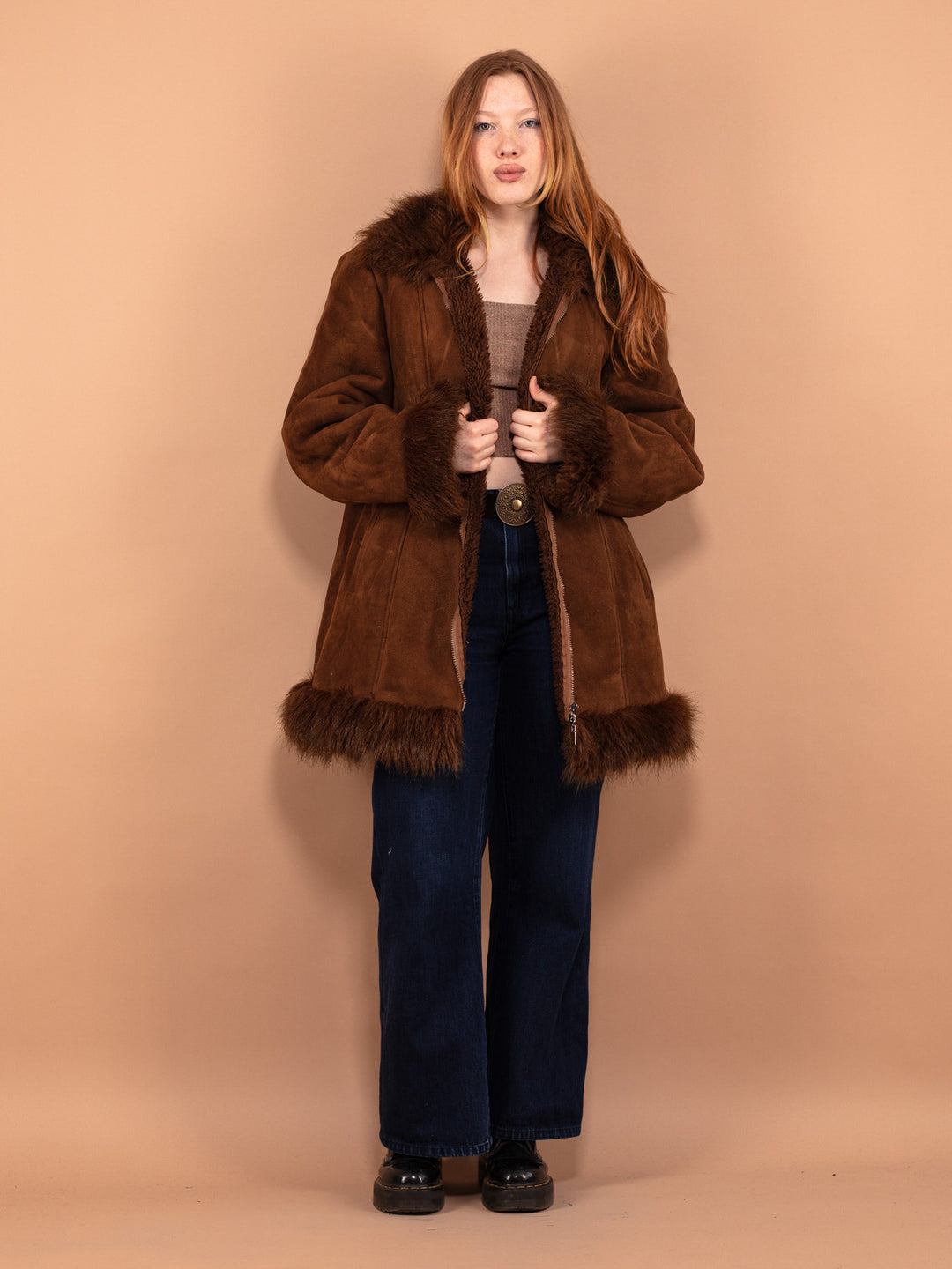 Faux Penny Lane Coat 90s, Size XL, Brown Faux Shearling Coat, Sherpa Trim Afghan Coat,  Cruelty Free Coat, Sustainable Vintage Clothing