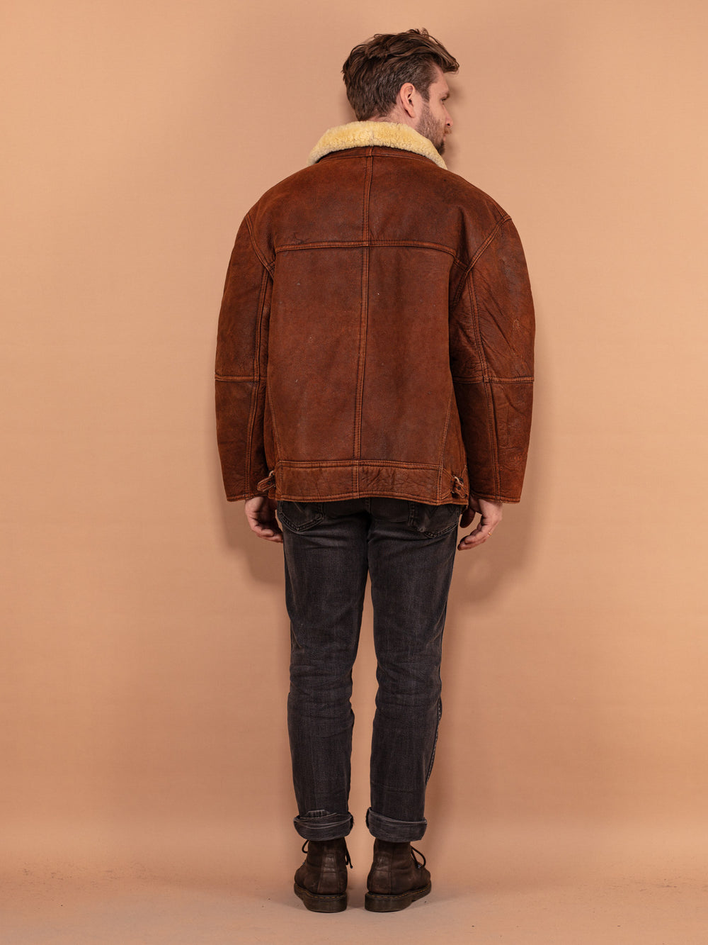 Vintage 90's Men Distressed Sheepskin Coat in Brown - NorthernGrip