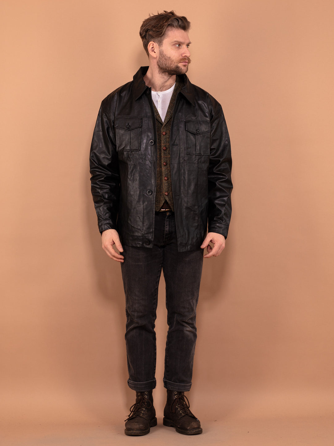 Men Faux Leather Jacket 90's, Size L, Button Up Leather Jacket, Men Spring Outerwear, Faux Leather Bomber Jacket, Vintage Men Clothing