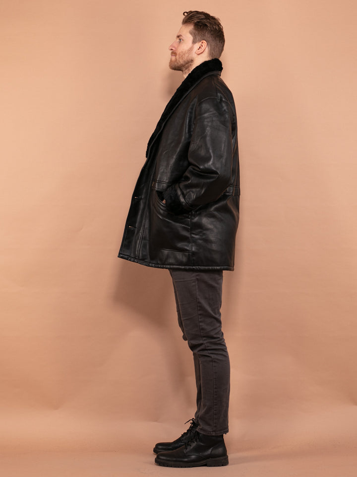 Vintage 90's Men Faux Leather Sherpa Coat in Black - NorthernGrip