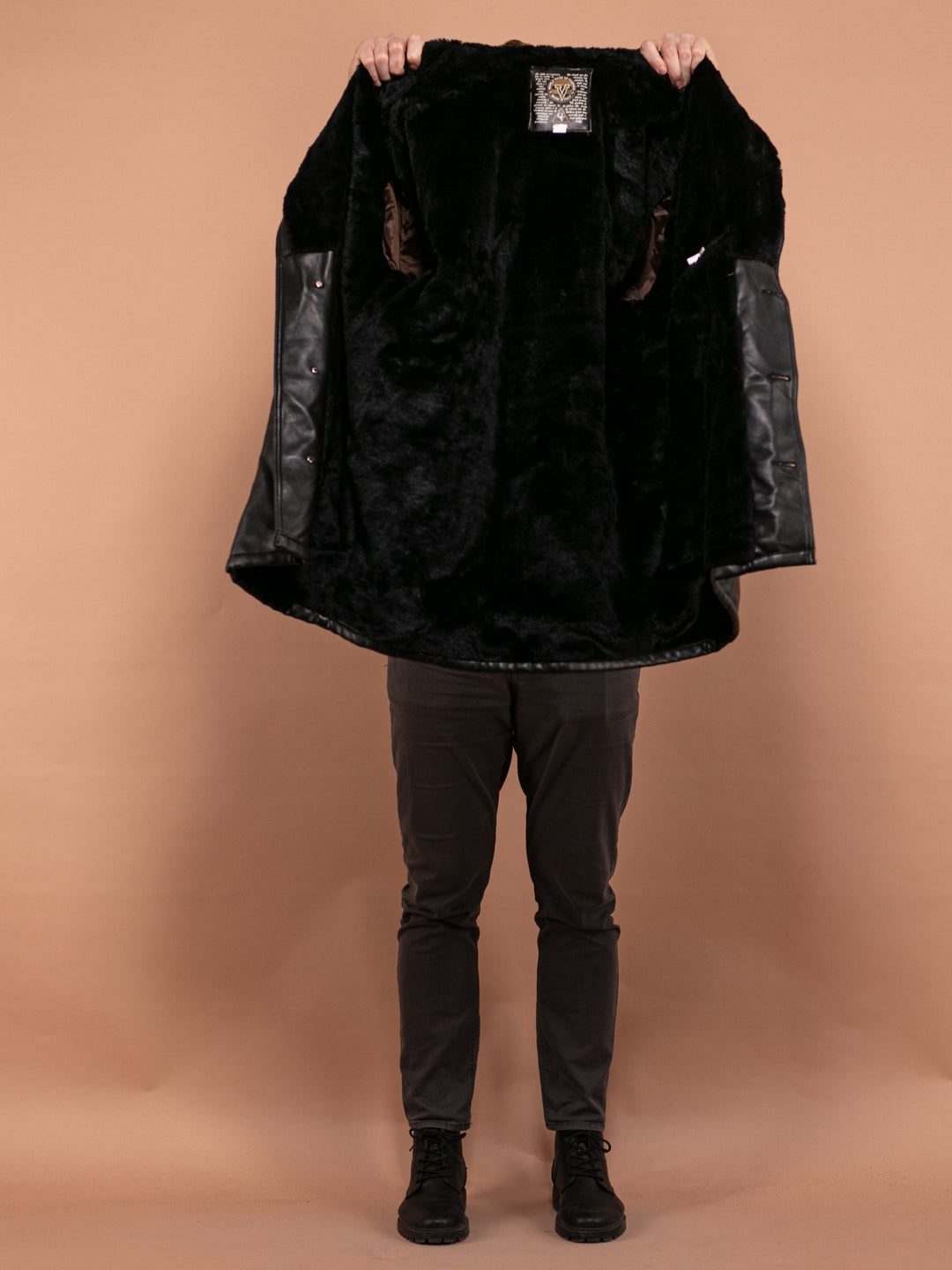 Vintage 90's Men Faux Leather Sherpa Coat in Black - NorthernGrip