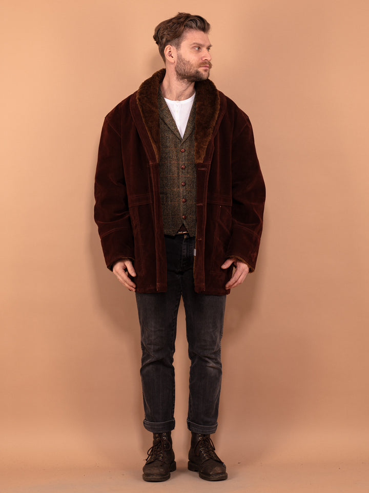 Faux Shearling Coat, Men size XL Sherpa Coat, Western Rancher Outerwear, Faux Shearling Fur Coat, Retro Suede Coat, Brown Sherpa Coat 90's