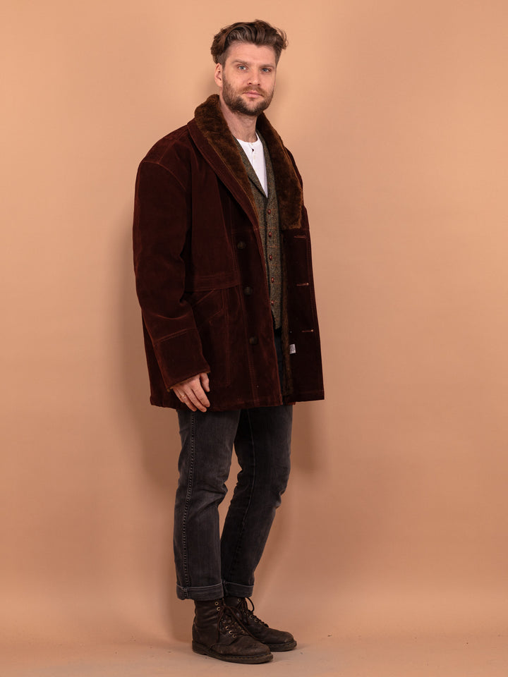 Faux Shearling Coat, Men size XL Sherpa Coat, Western Rancher Outerwear, Faux Shearling Fur Coat, Retro Suede Coat, Brown Sherpa Coat 90's