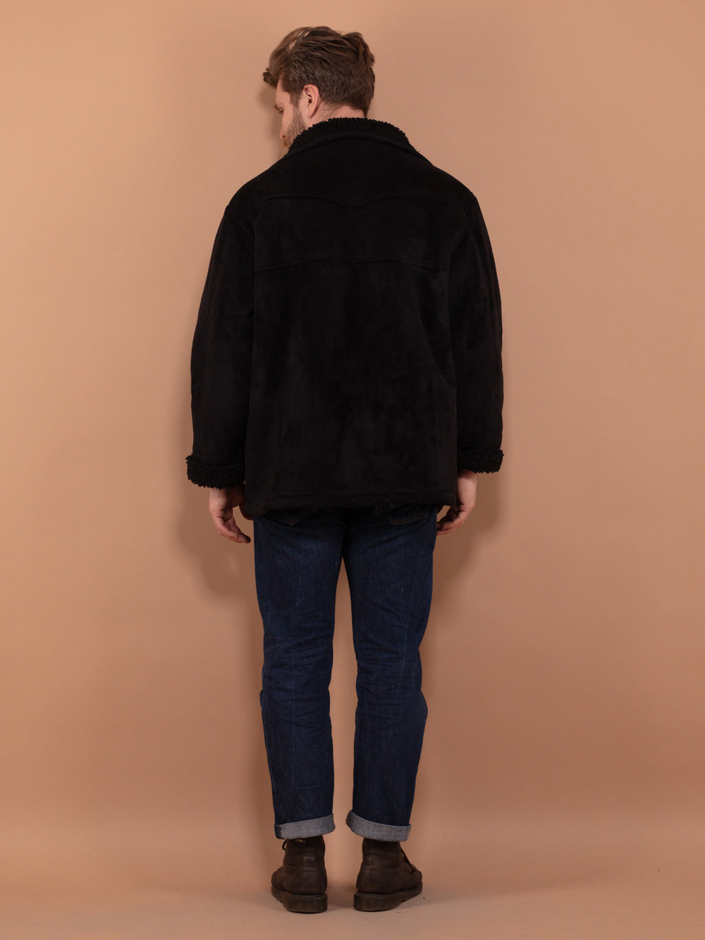 Vintage 90's Men Faux Shearling Jacket in Black - NorthernGrip