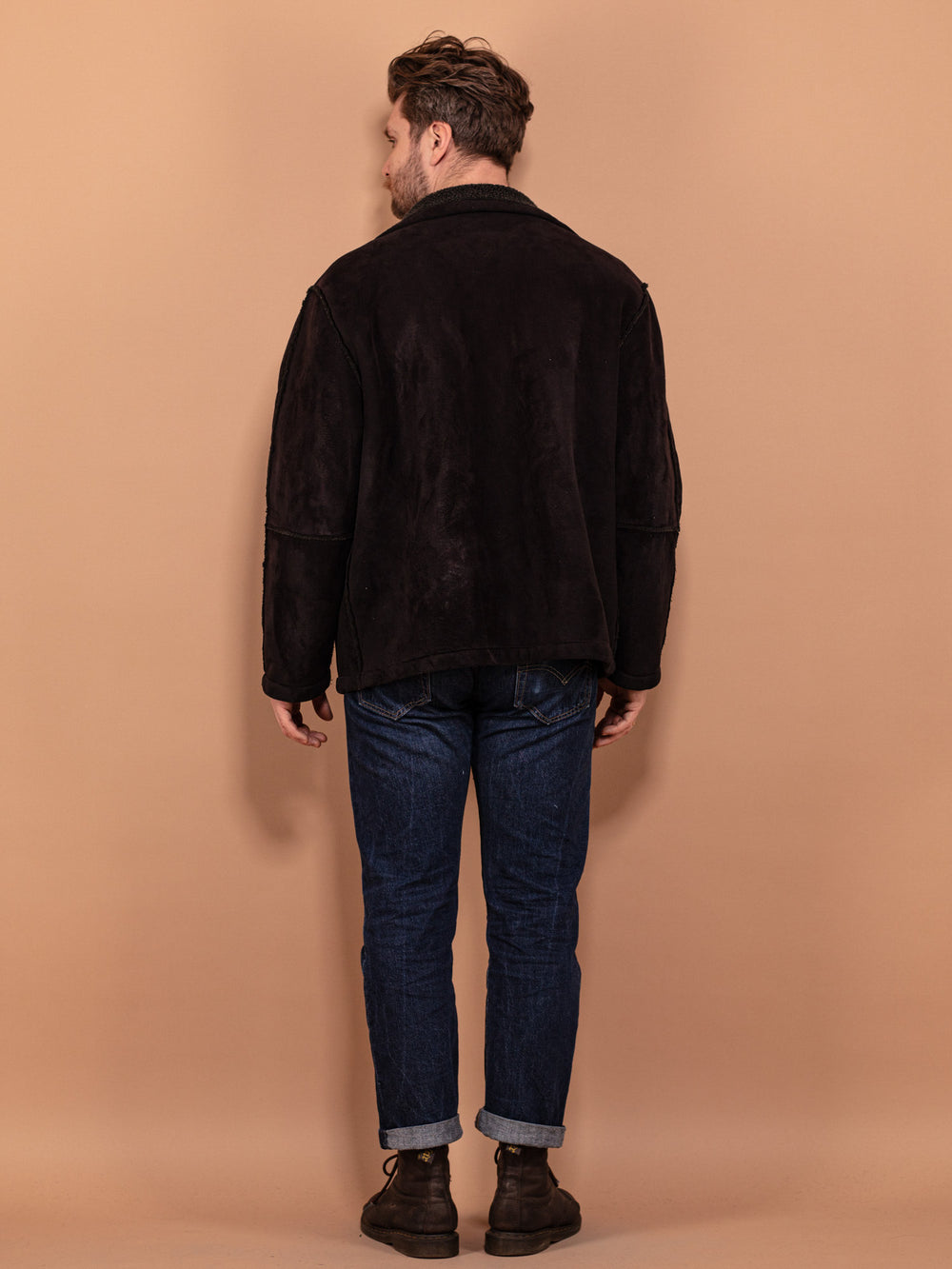 Vintage 90's Men Faux Shearling Jacket in Black - NorthernGrip