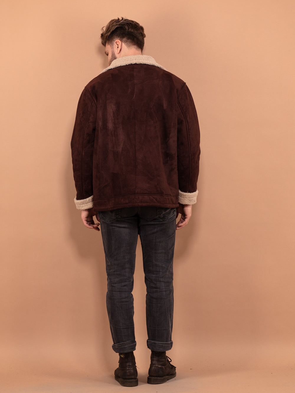 Vintage 90's Men Faux Sheepskin Bomber Jacket in Brown - NorthernGrip