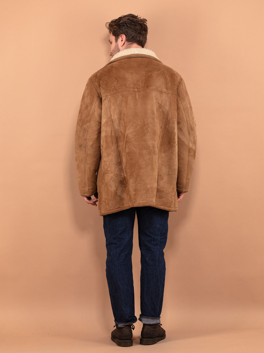 Vintage 90's Men Faux Sheepskin Coat in Beige - NorthernGrip