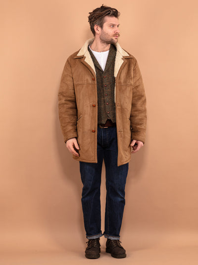 Beige Sherpa Coat 90s, Vintage Sherpa Coat Size XL, Western Cowboy Outerwear, Faux Shearling Coat, Sherpa Jacket, Faux Sheepskin Coat 90's