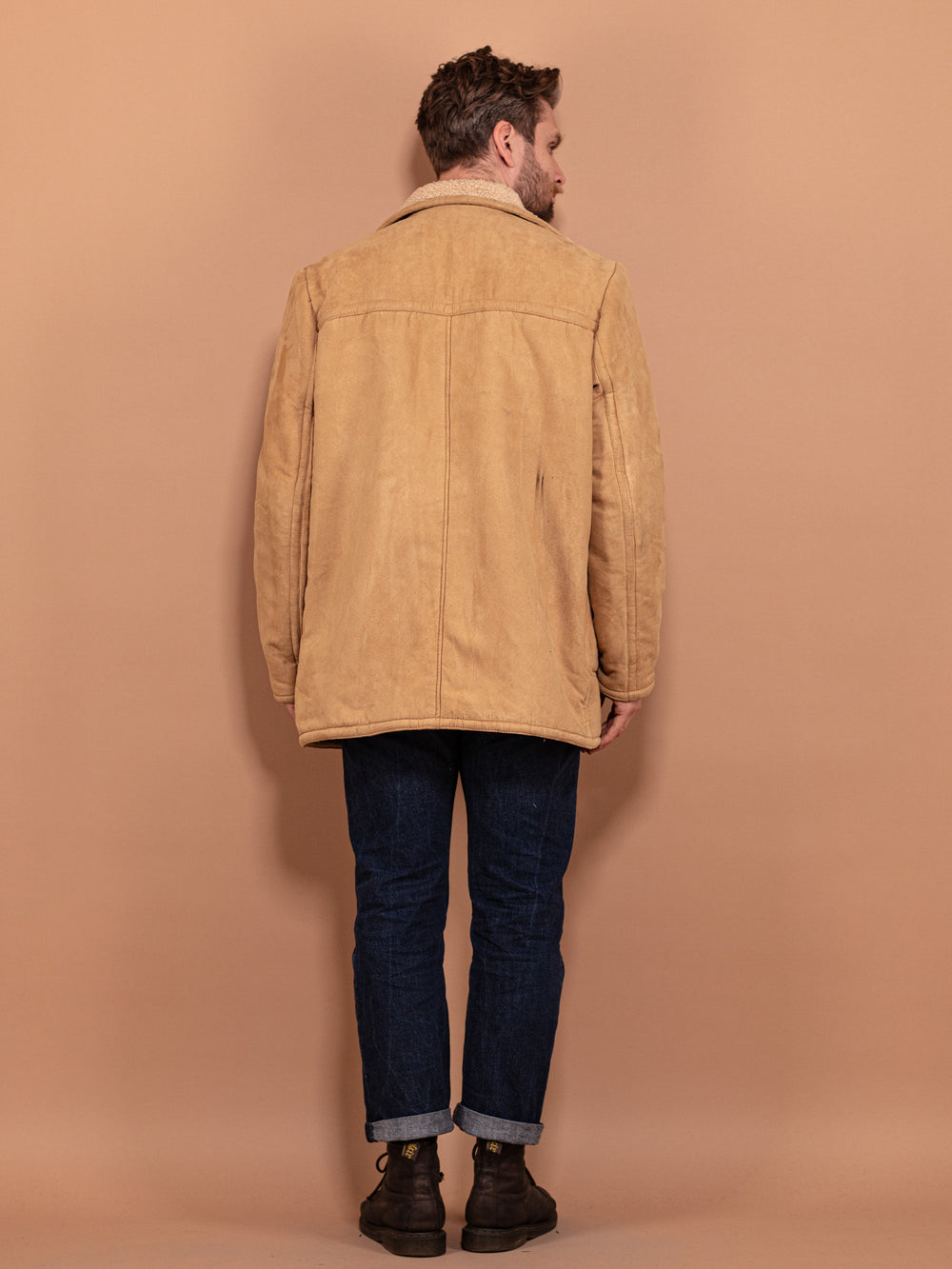 Vintage 90's Men Faux Sheepskin Coat in Beige - NorthernGrip