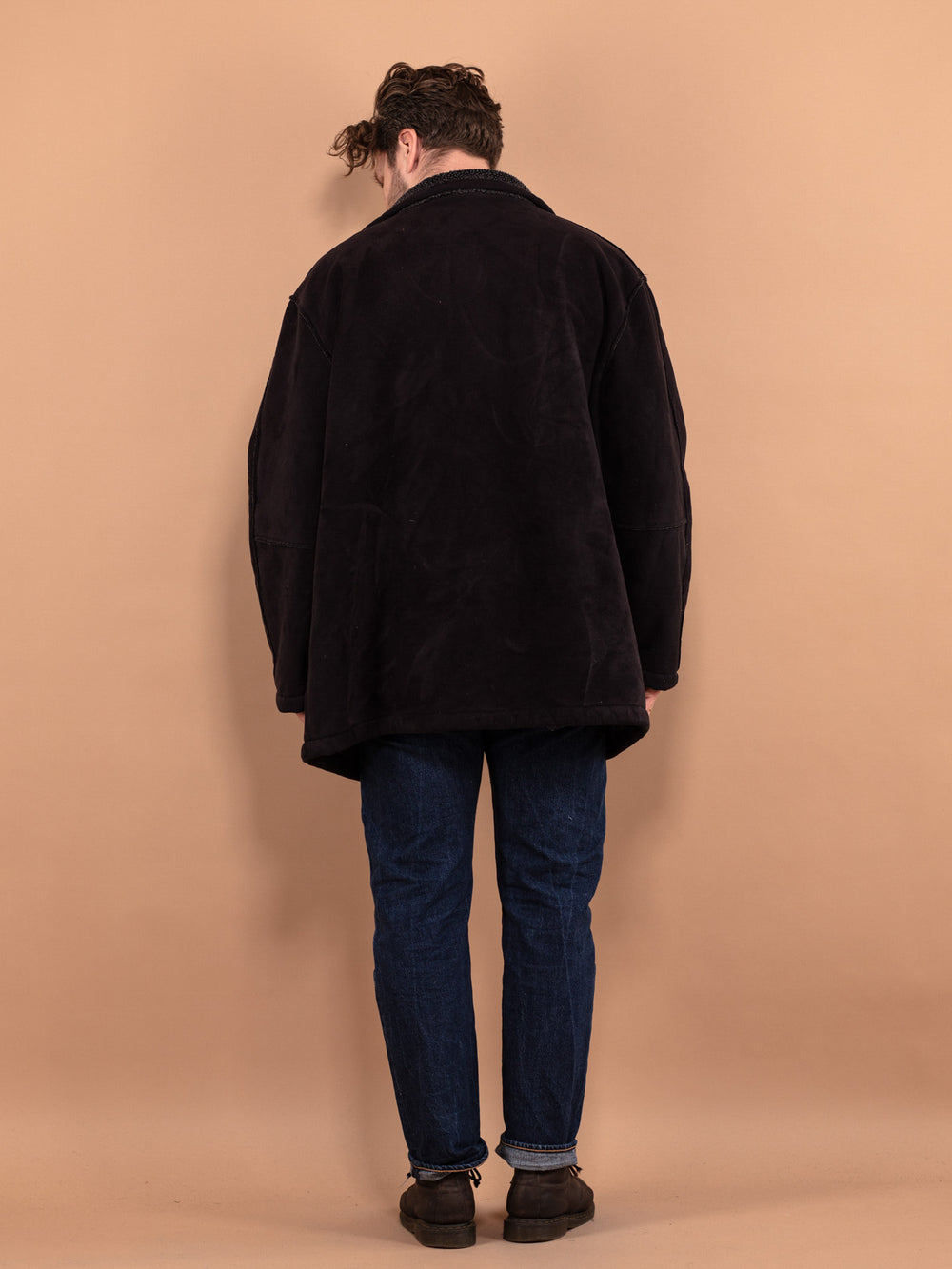 Vintage 90's Men Faux Sheepskin Coat in Black - NorthernGrip