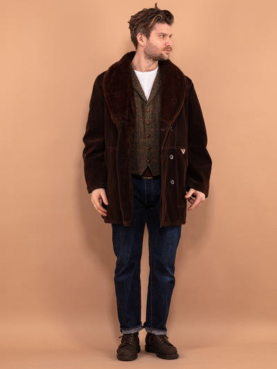 Faux Sheepskin Coat, Men size L Sherpa Coat, Western Cowboy Outerwear, Faux Shearling Fur Coat, Retro Suede Coat, Brown Sherpa Coat 90's