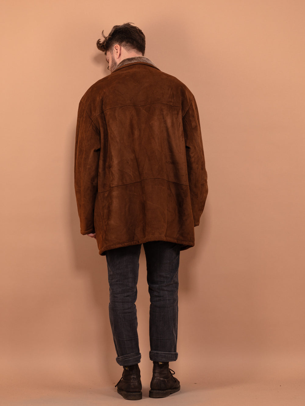 Vintage 90's Men Faux Sheepskin Coat in Brown - NorthernGrip