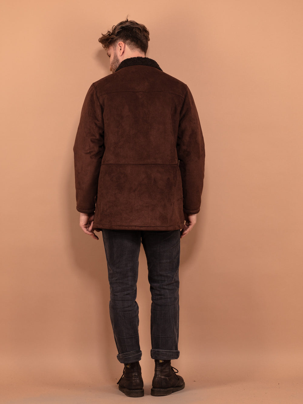 Vintage 90's Men Faux Sheepskin Coat in Brown - NorthernGrip