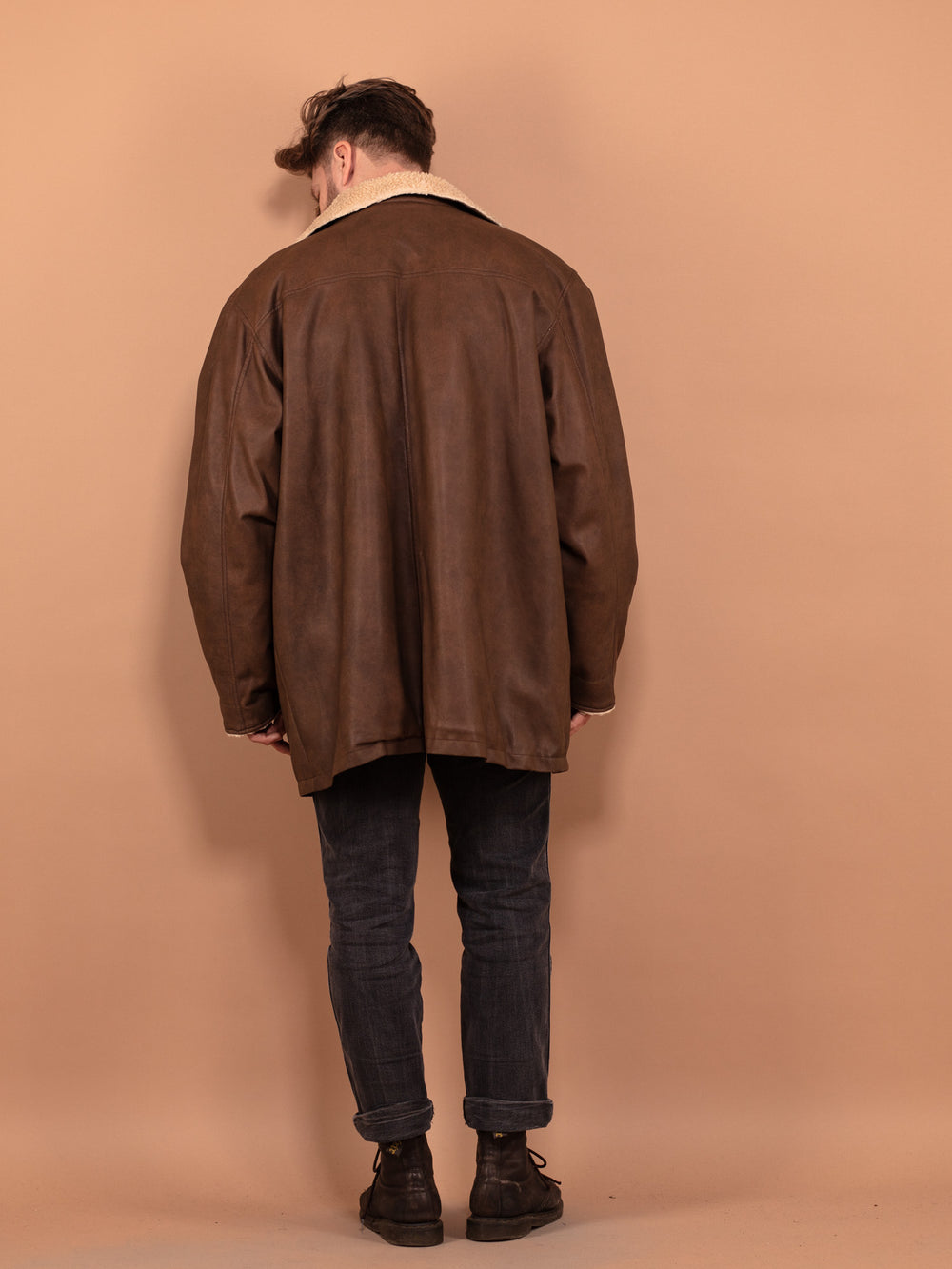 Vintage 90's Men Faux Sheepskin Coat in Brown - NorthernGrip