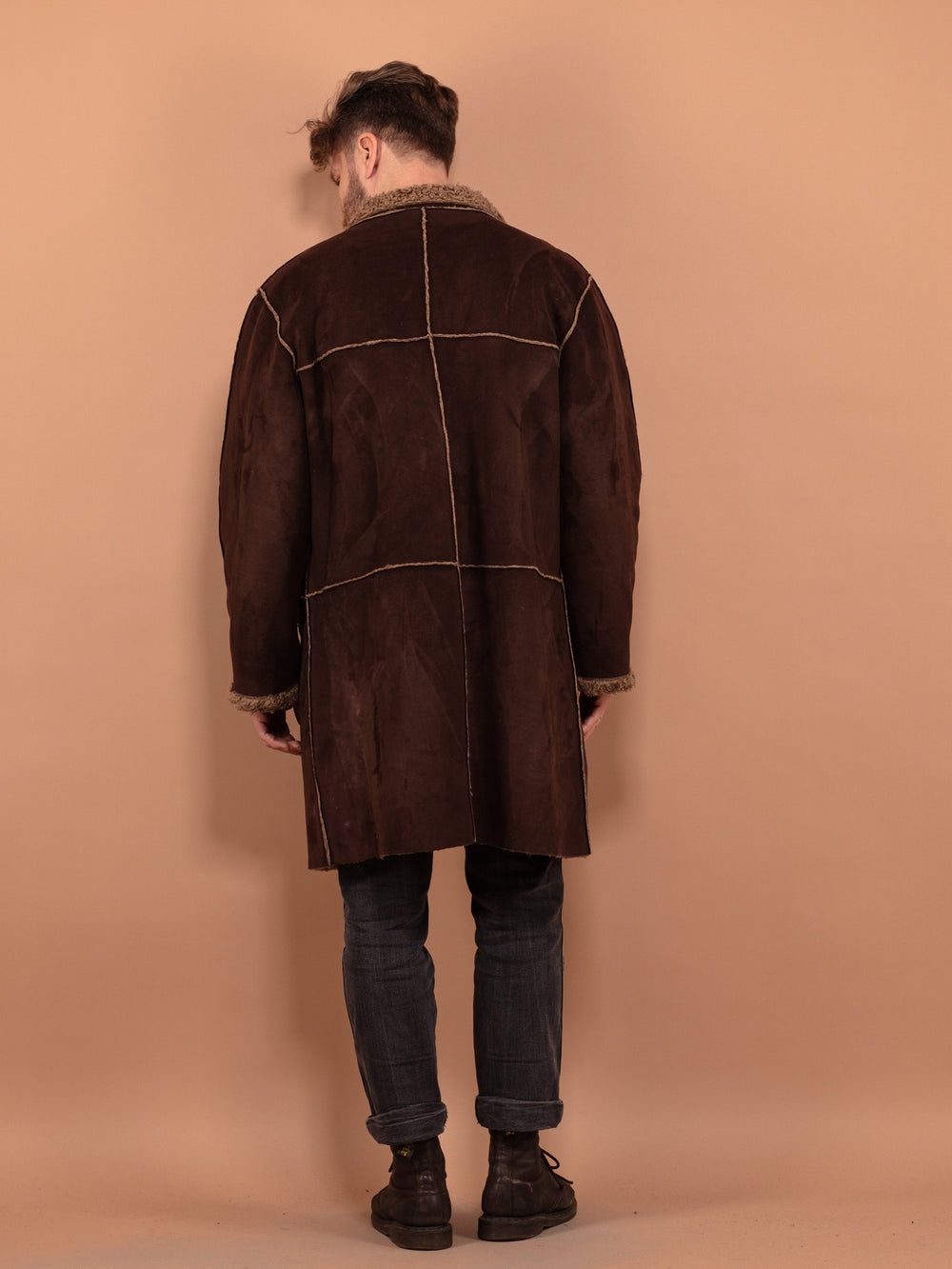 Vintage 90's Men Faux Sheepskin Coat in Brown - NorthernGrip