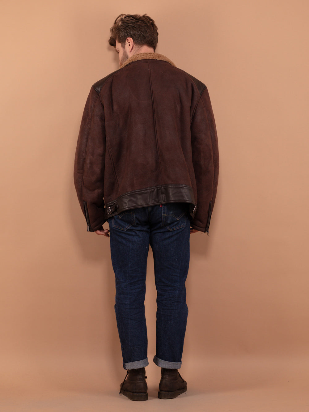 Vintage 90's Men Faux Sheepskin Jacket in Brown - NorthernGrip