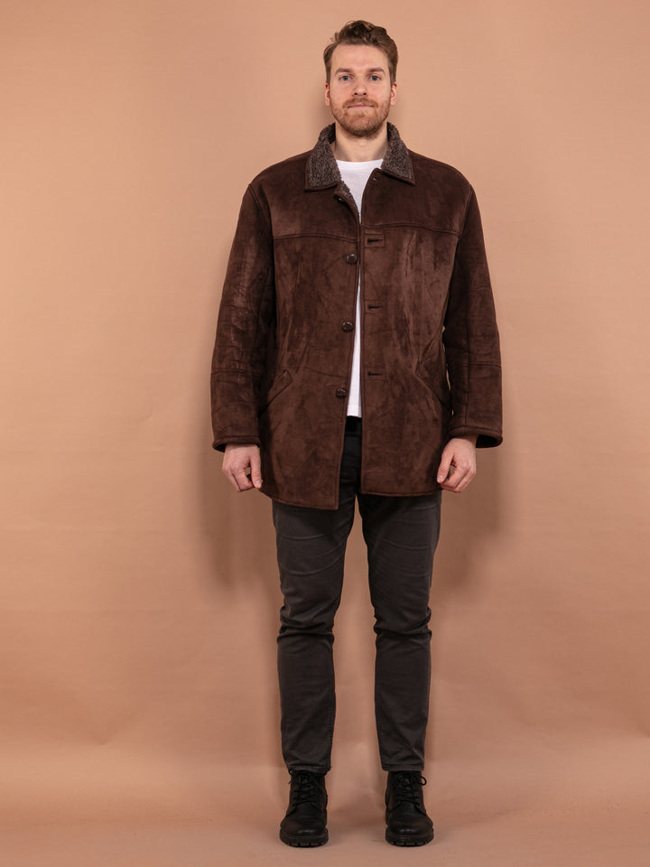 Vintage 90's Men Faux Sheepskin Coat in Brown - NorthernGrip