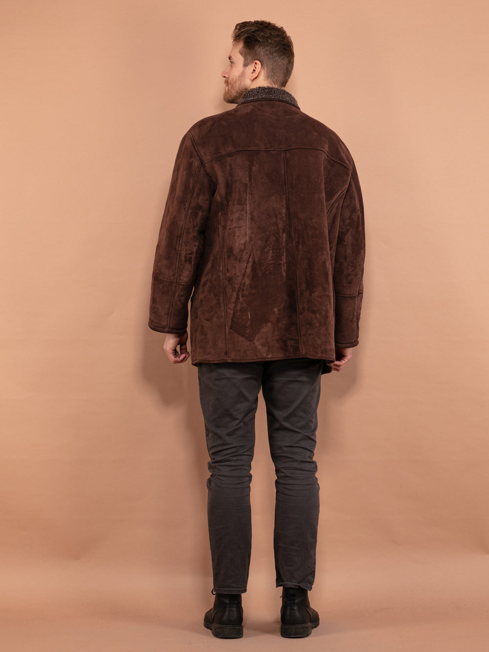 Vintage 90's Men Faux Sheepskin Coat in Brown - NorthernGrip