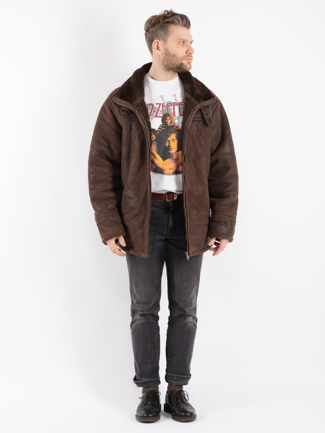 Vintage 90's Men Faux Sheepskin Coat in Brown