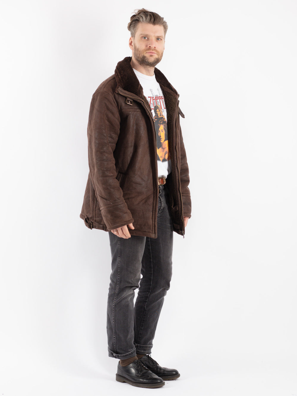Vintage 90's Men Faux Sheepskin Coat in Brown