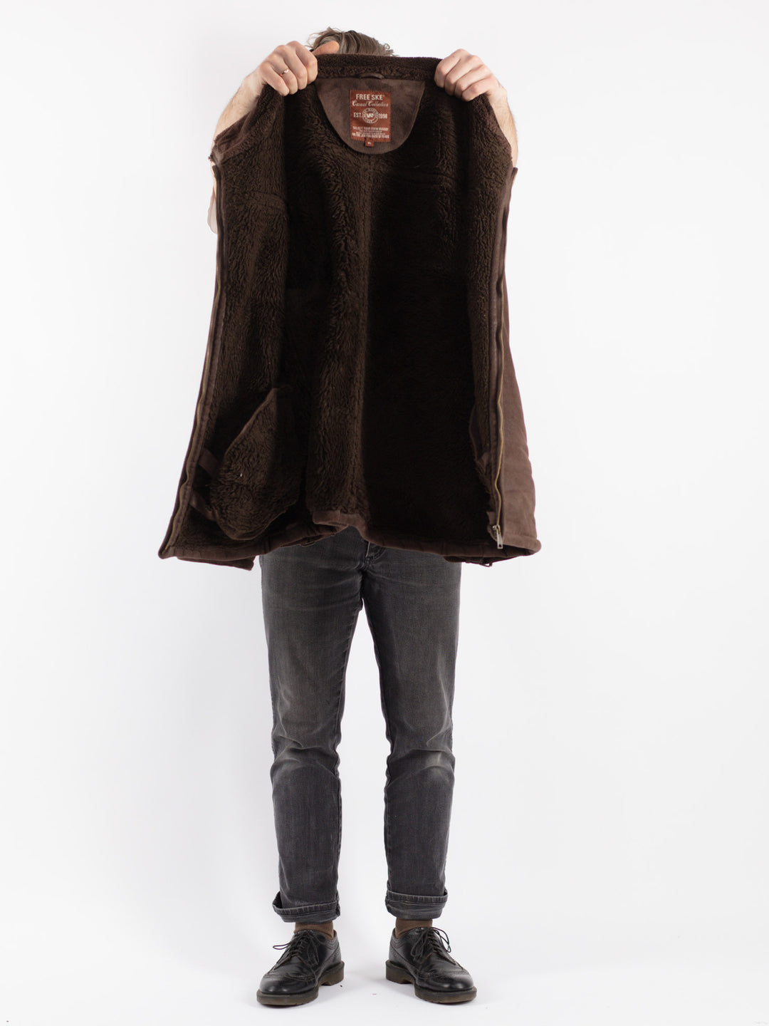 Vintage 90's Men Faux Sheepskin Coat in Brown