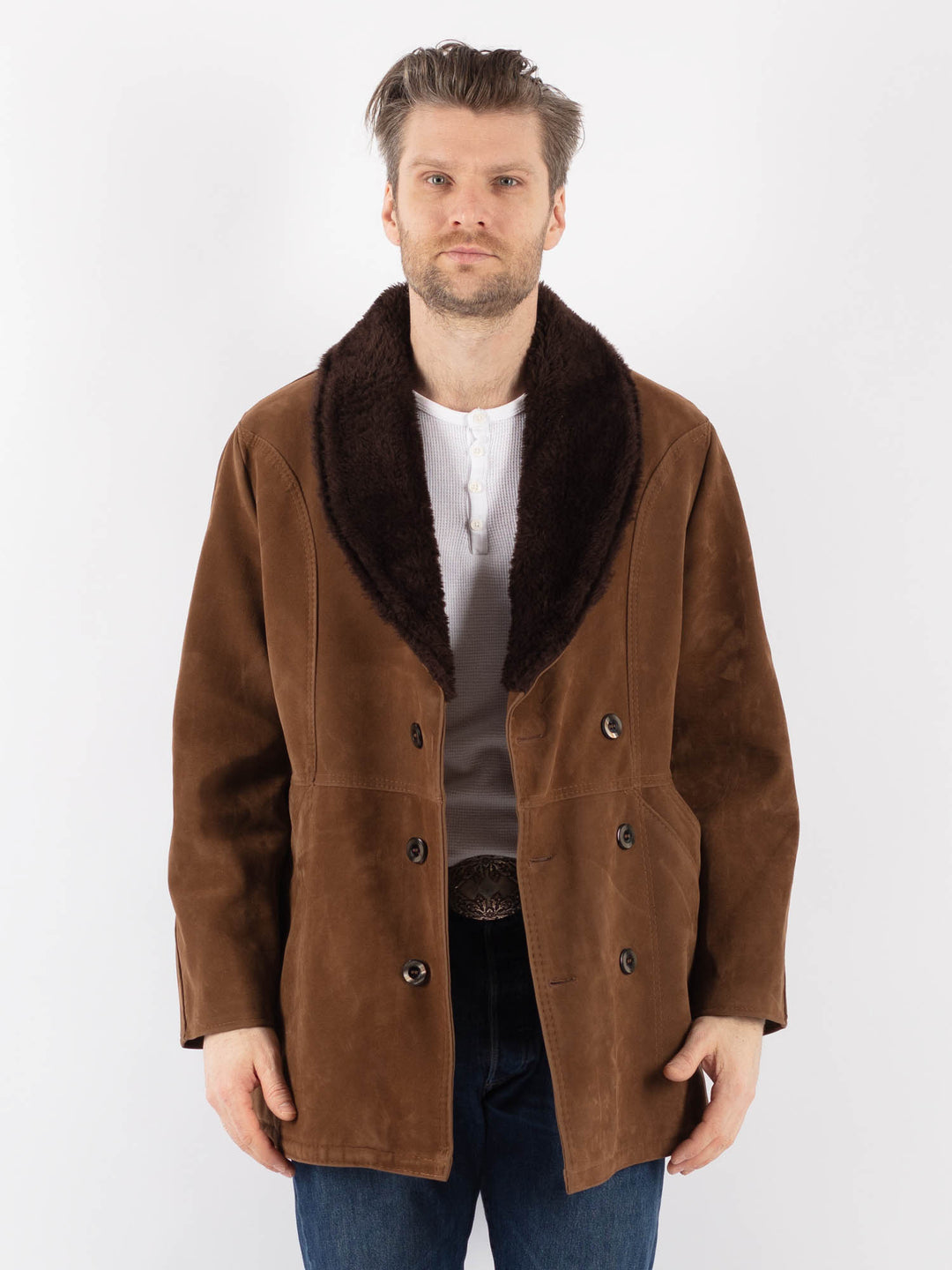 Vintage 90's Men Faux Sheepskin Coat in BrownZ1175