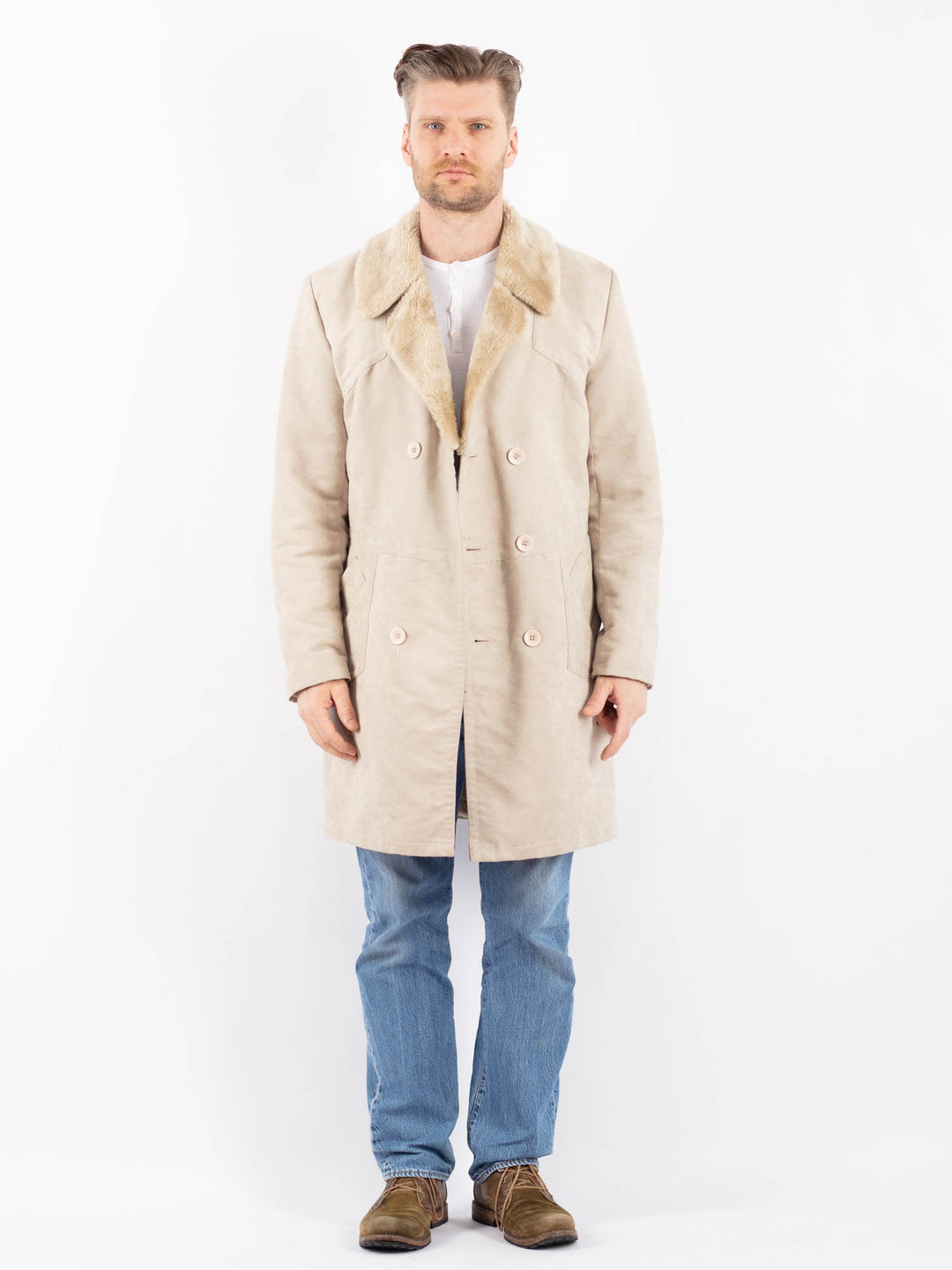Vintage 90's Men Faux Sheepskin Coat in BeigeZ1415