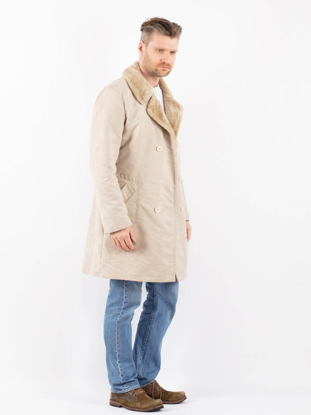 Vintage 90's Men Faux Sheepskin Coat in BeigeZ1415