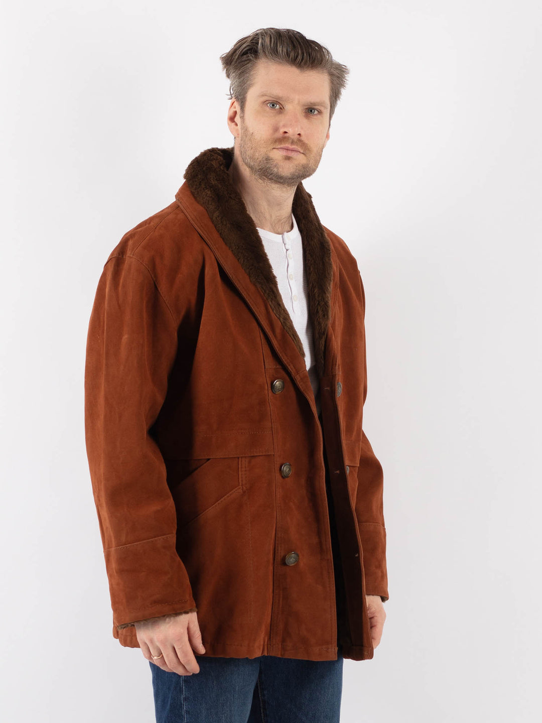 Vintage 90's Men Faux Sheepskin Coat in BrownZ1180