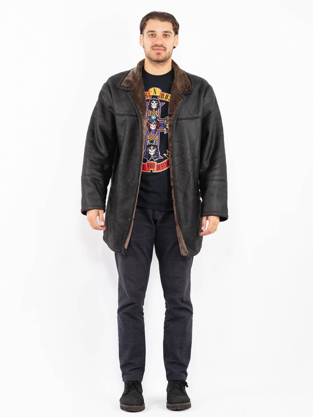Vintage 90's Men Faux Sheepskin Coat in BlackZ2390