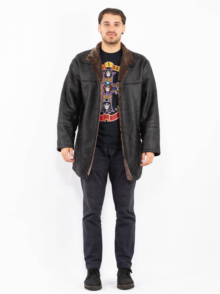 Vintage 90's Men Faux Sheepskin Coat in BlackZ2390
