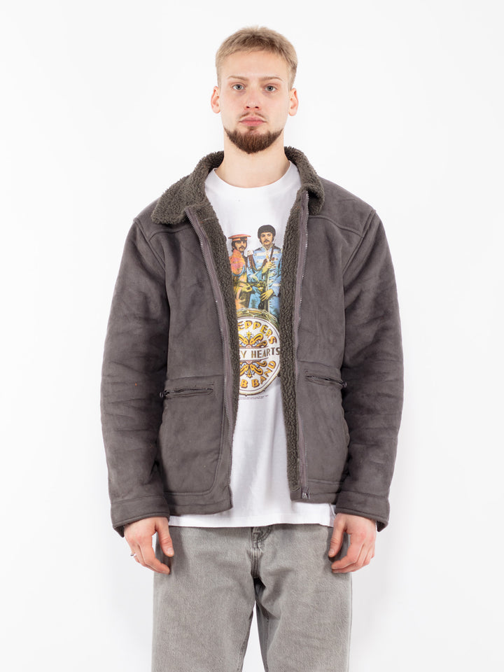 Vintage 90's Men Faux Sheepskin Jacket in Gray