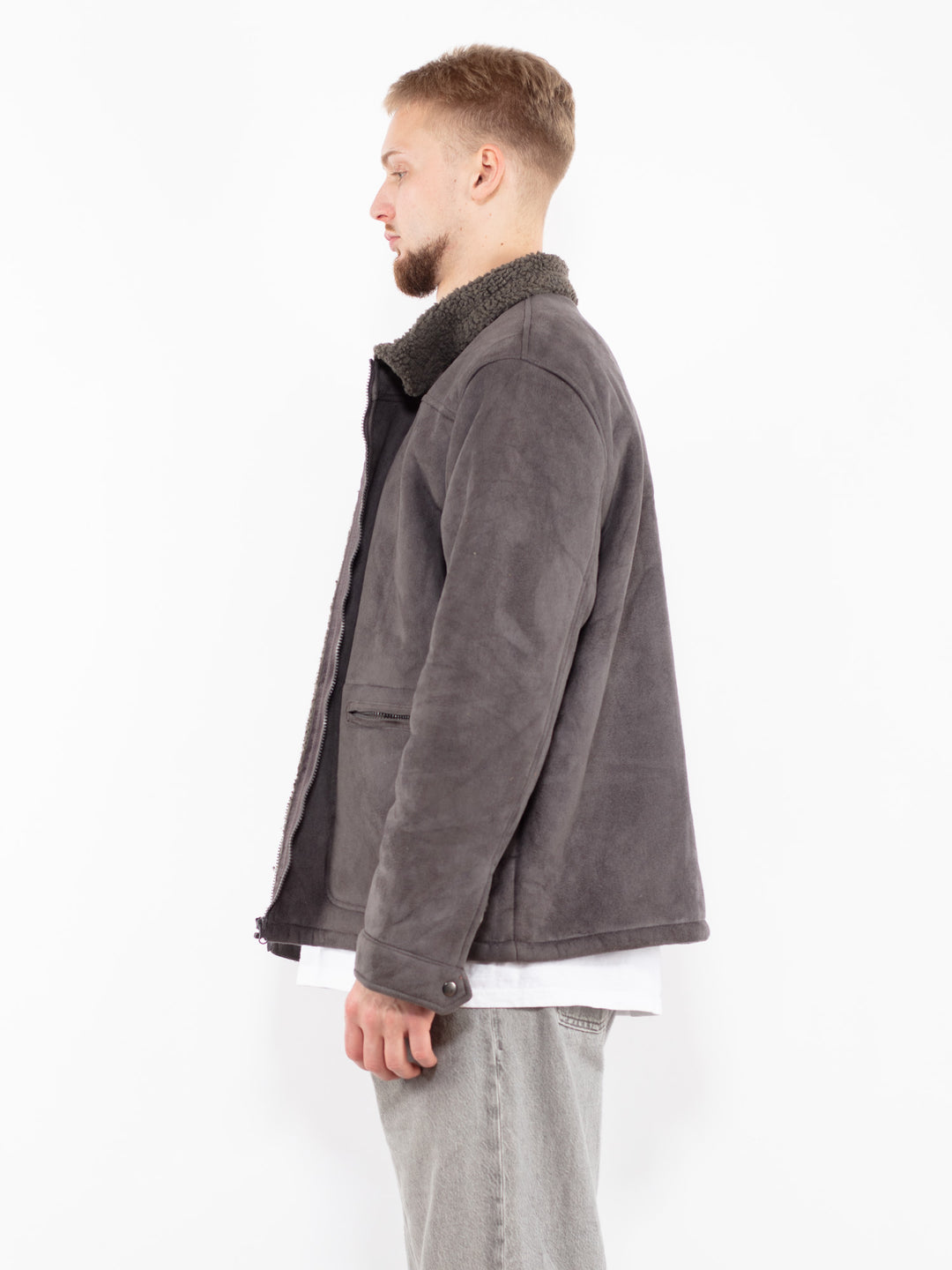Vintage 90's Men Faux Sheepskin Jacket in Gray
