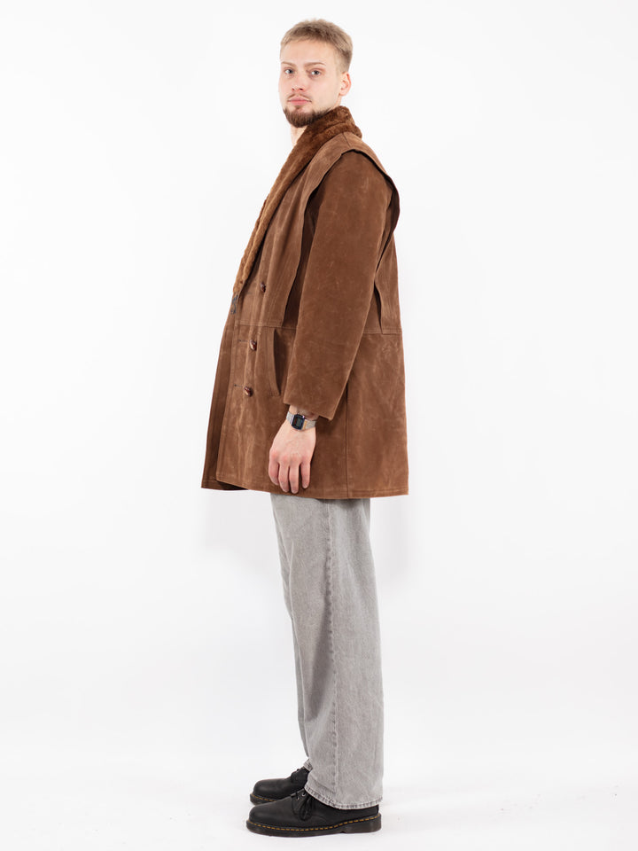 Vintage 90's Men Faux Sheepskin Coat in Brown