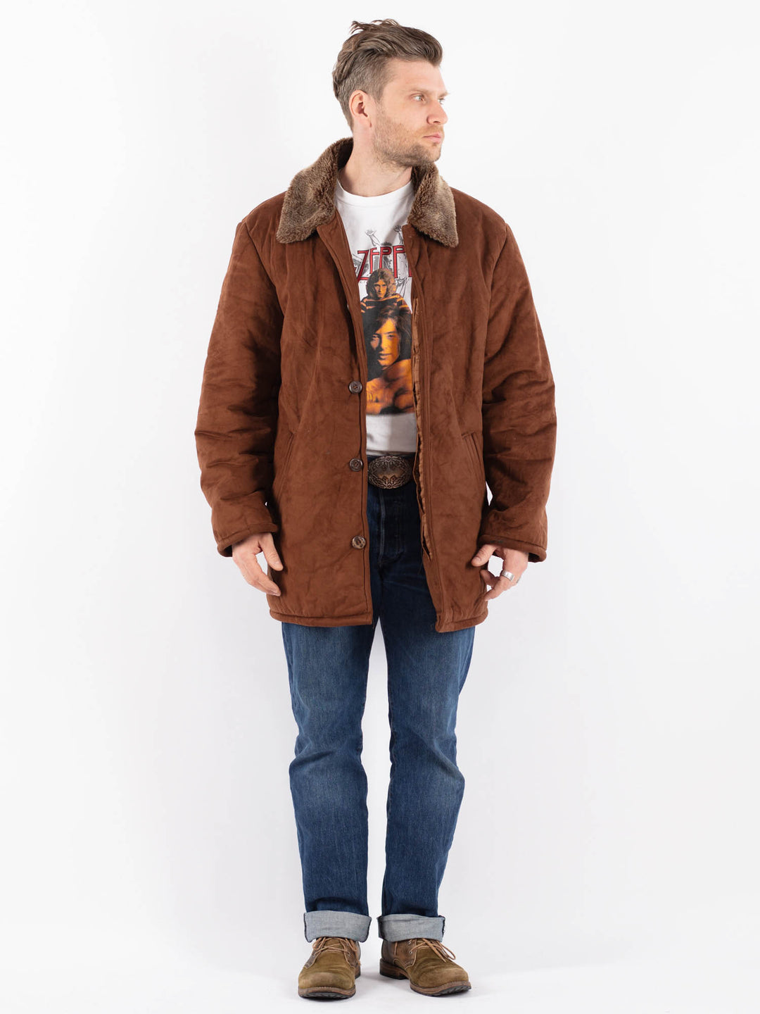 Vintage 90's Men Faux Sheepskin Coat in BrownZ1533