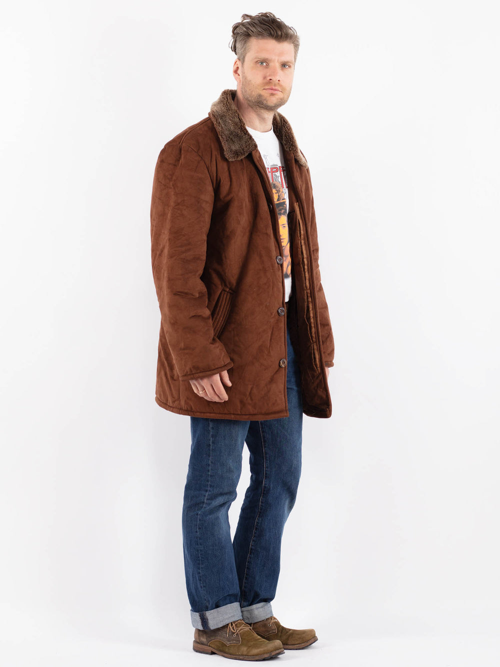 Vintage 90's Men Faux Sheepskin Coat in BrownZ1533