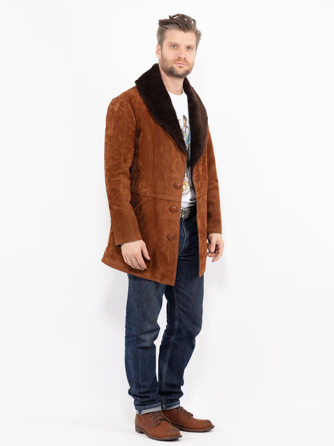 Vintage 90's Men Faux Sheepskin Coat in BrownZ2695