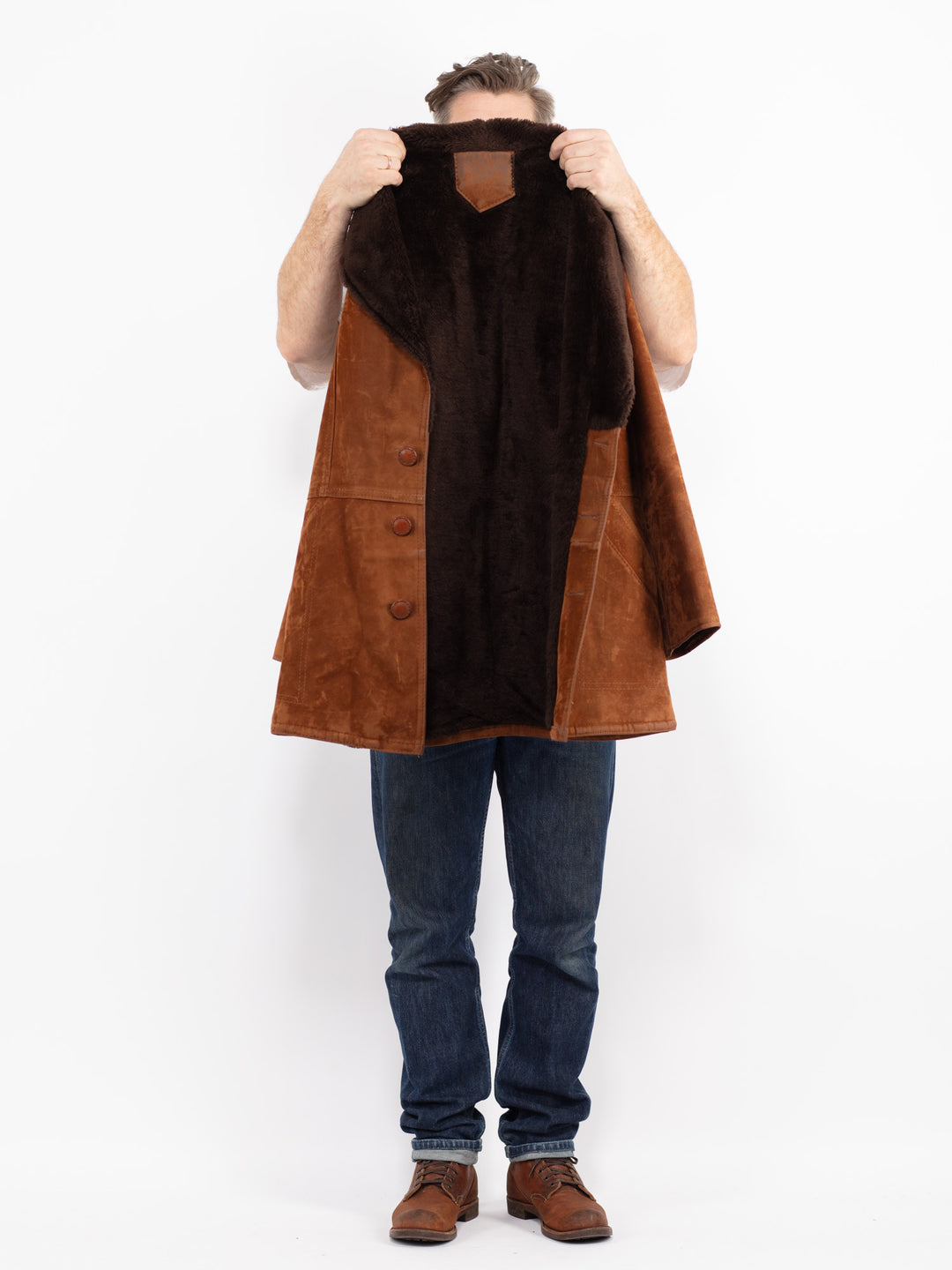 Vintage 90's Men Faux Sheepskin Coat in BrownZ2695