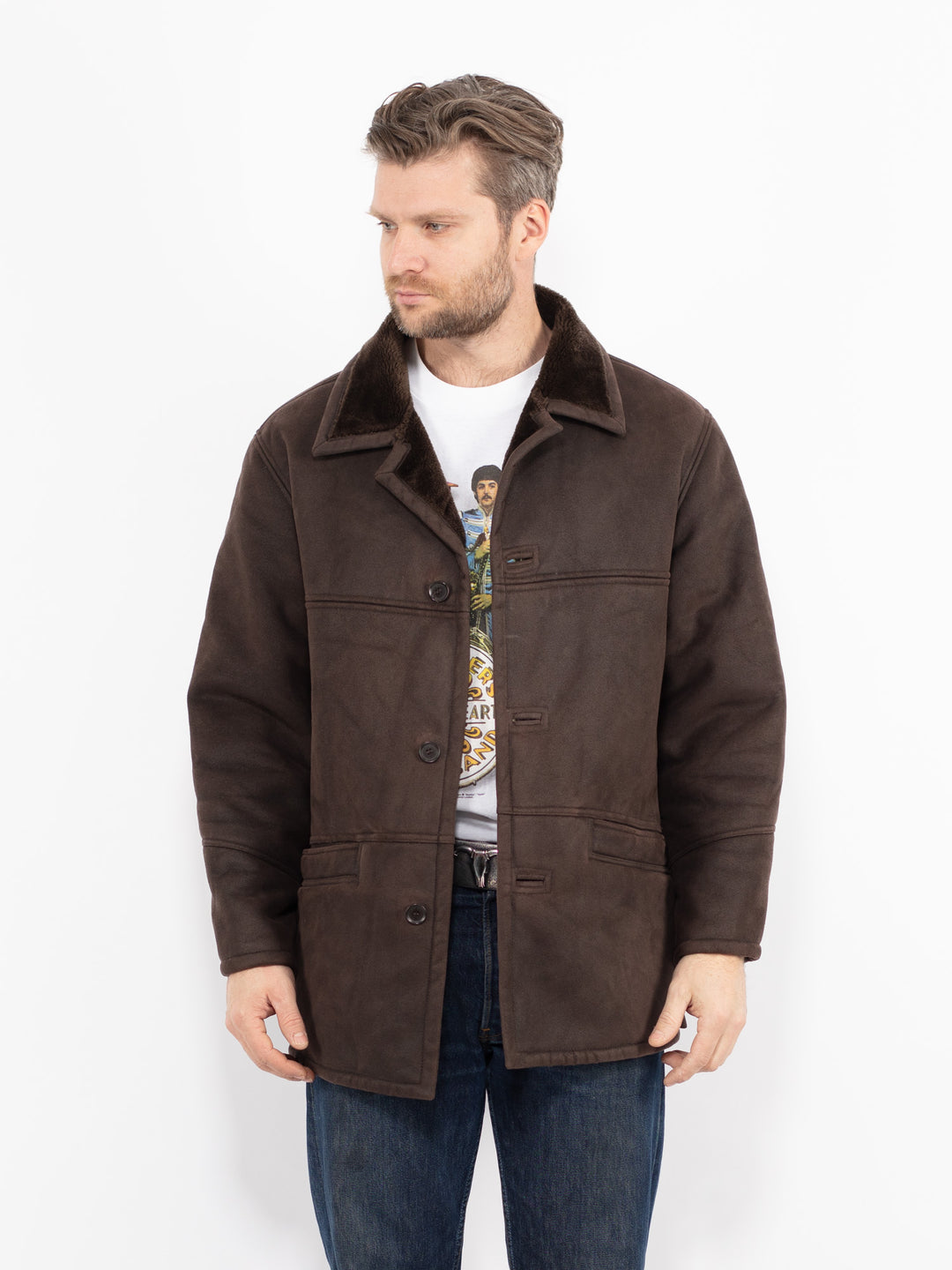 Vintage 90's Men Faux Sheepskin Coat in BrownZ2705