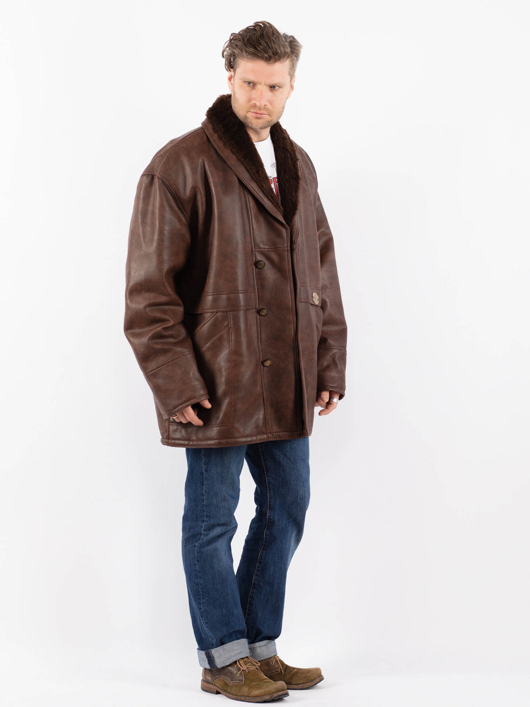 Vintage 90's Men Faux Sheepskin Coat in BrownZ1544