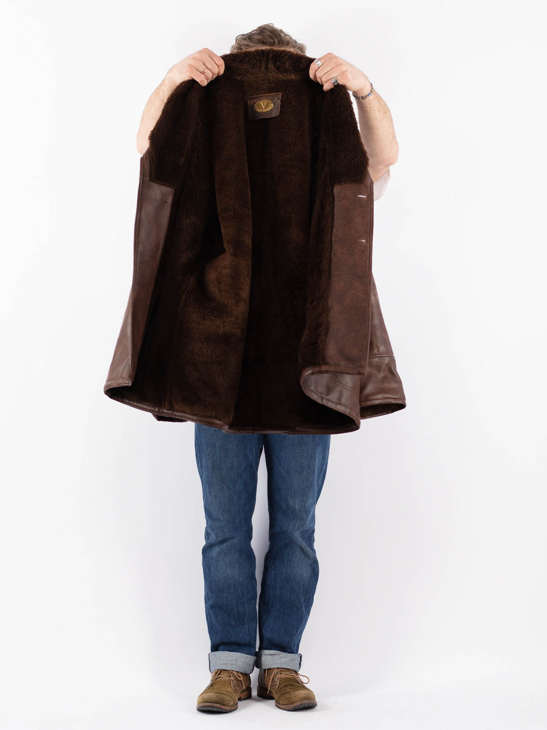 Vintage 90's Men Faux Sheepskin Coat in BrownZ1544