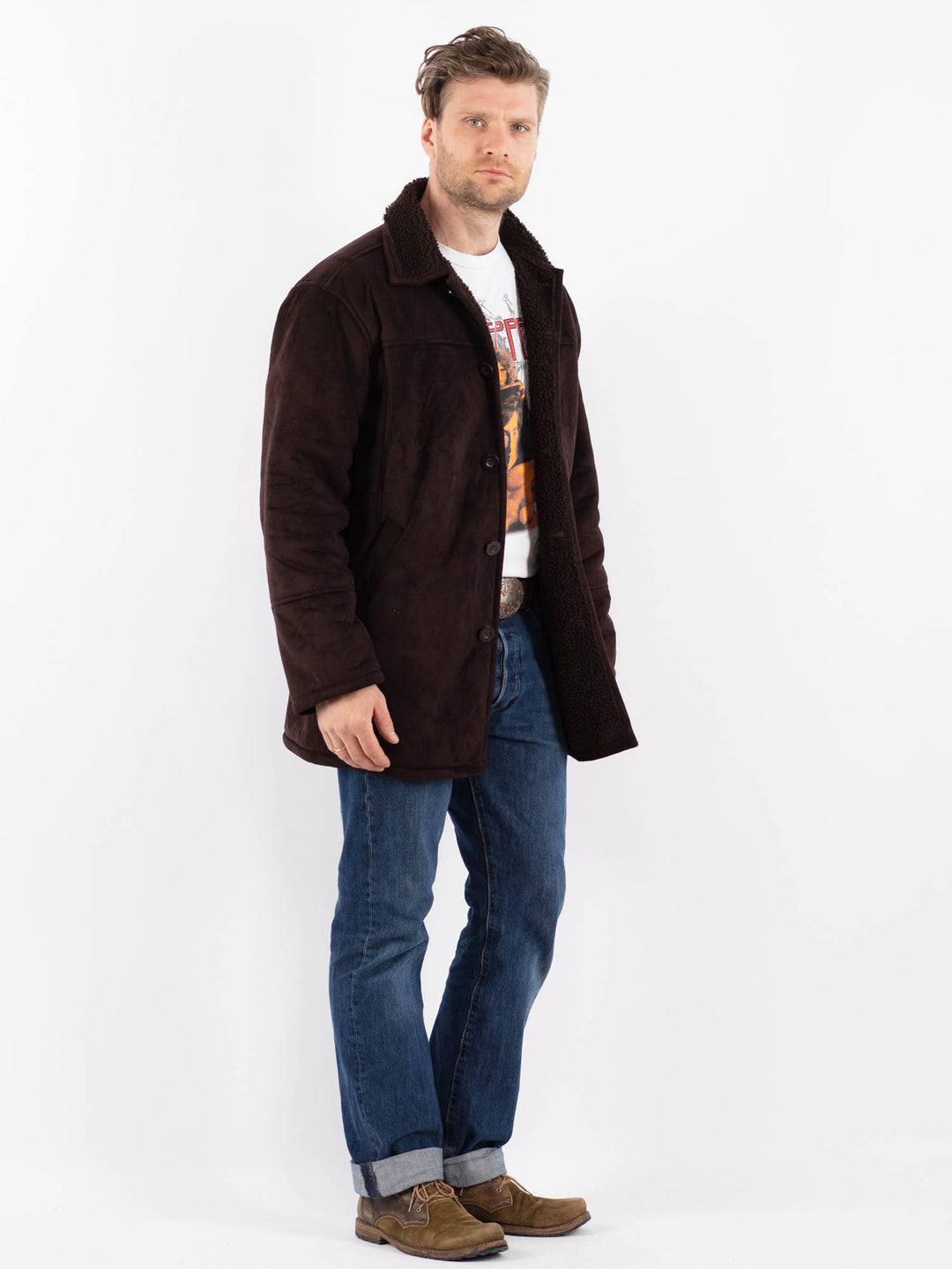 Vintage 90's Men Faux Sheepskin Coat in BrownZ1545