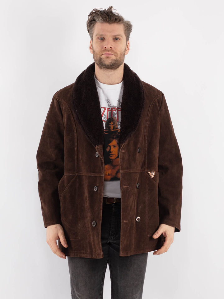 Vintage 90's Men Faux Sheepskin Coat in BrownZ549