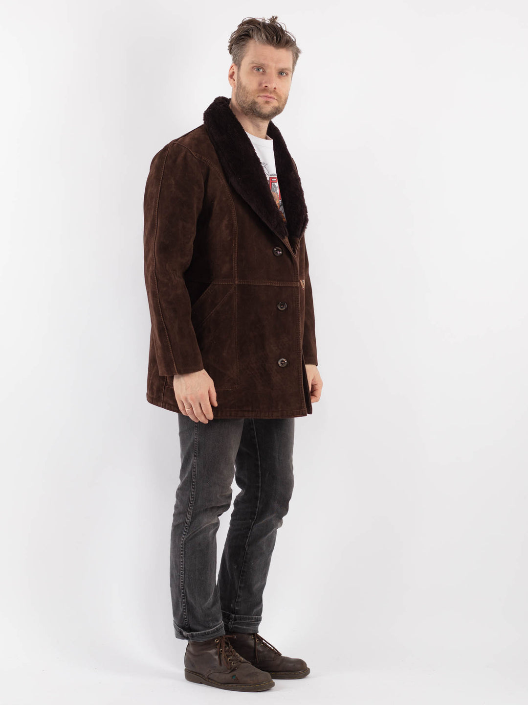 Vintage 90's Men Faux Sheepskin Coat in BrownZ549
