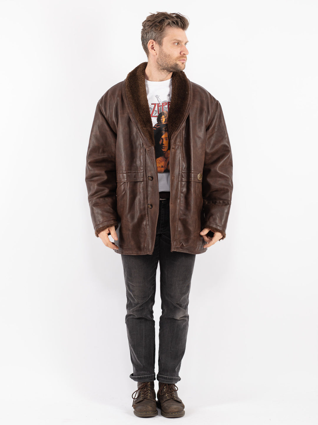 Vintage 90's Men Faux Sheepskin Coat in Brown