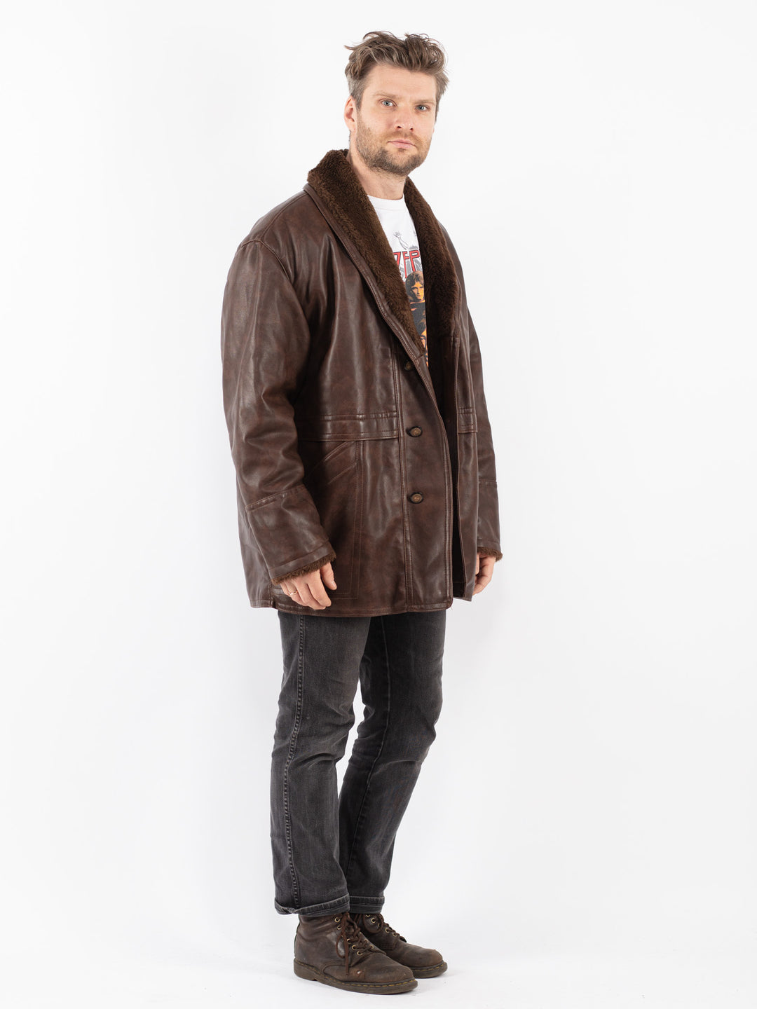 Vintage 90's Men Faux Sheepskin Coat in Brown