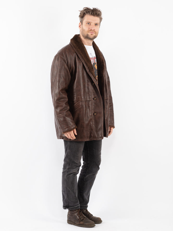 Vintage 90's Men Faux Sheepskin Coat in Brown