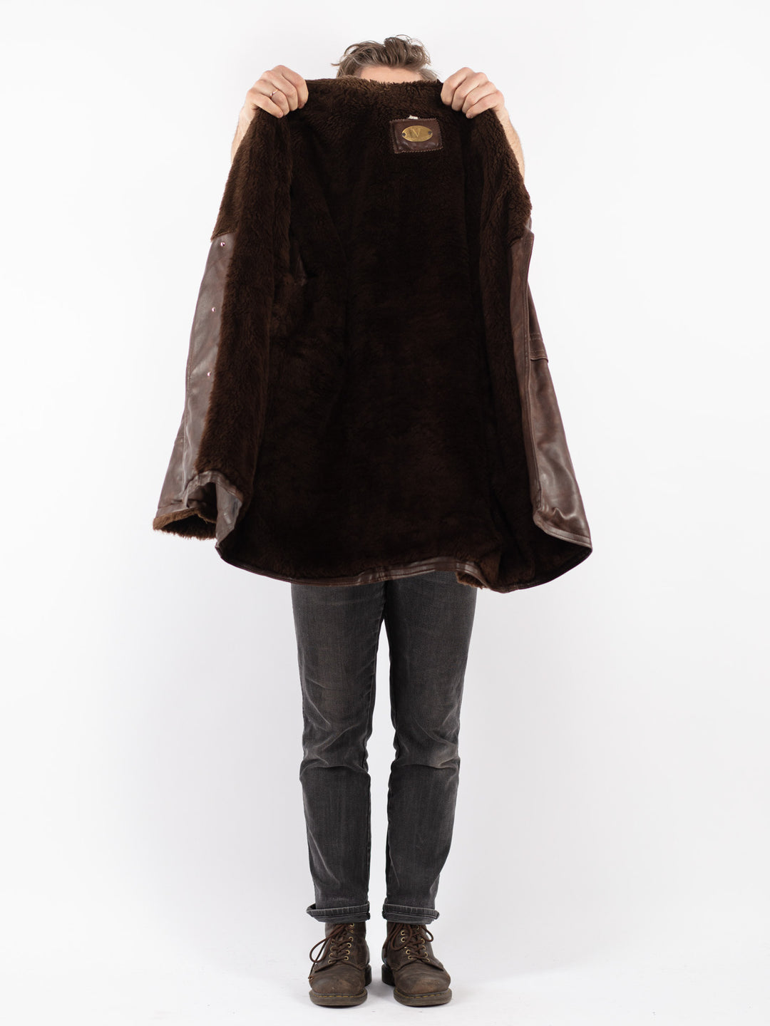 Vintage 90's Men Faux Sheepskin Coat in Brown