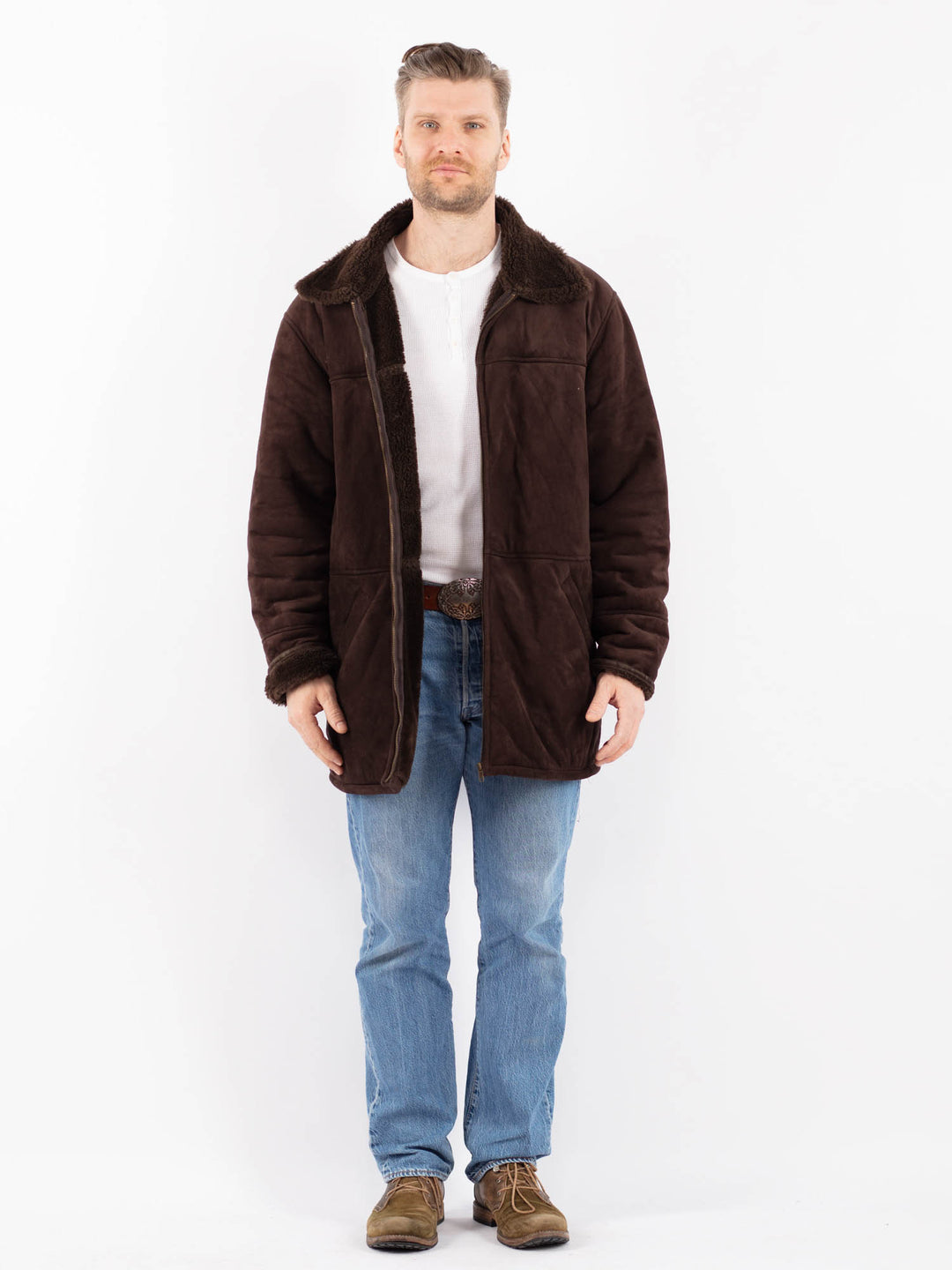 Vintage 90's Men Faux Sheepskin Coat in BrownZ1448